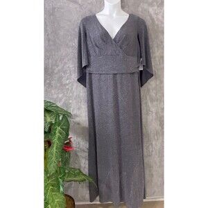 NWOT Alex Evenings Gown women 18w Metallic shimmer silver Gray Capelet stretchy